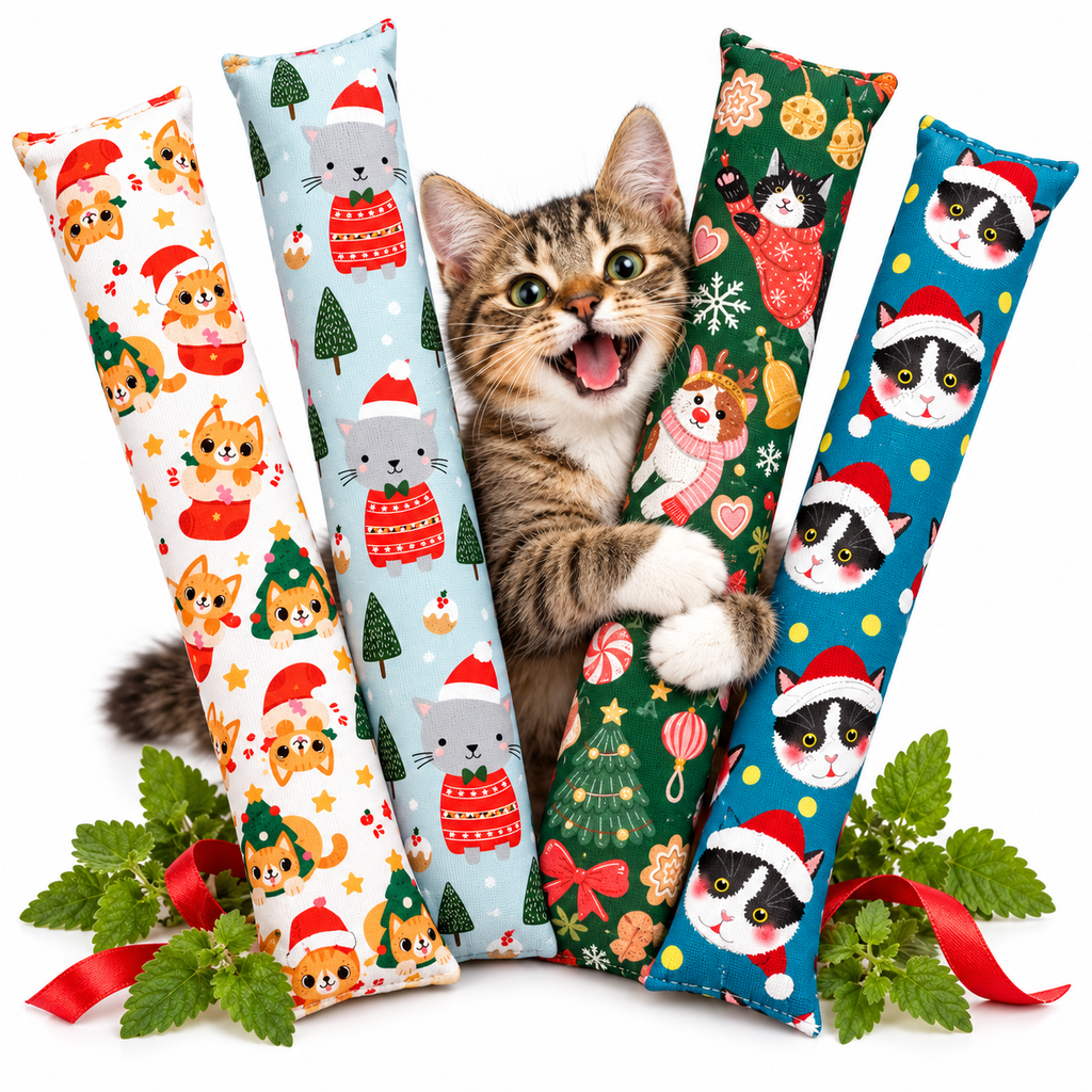 Kitty Kick Stix 15 inch Holiday Set catnip kicker toys in Jingle Kitties, Merry Meowmas, Mistletoe Meows and Santa Cats prints with a happy tabby cat